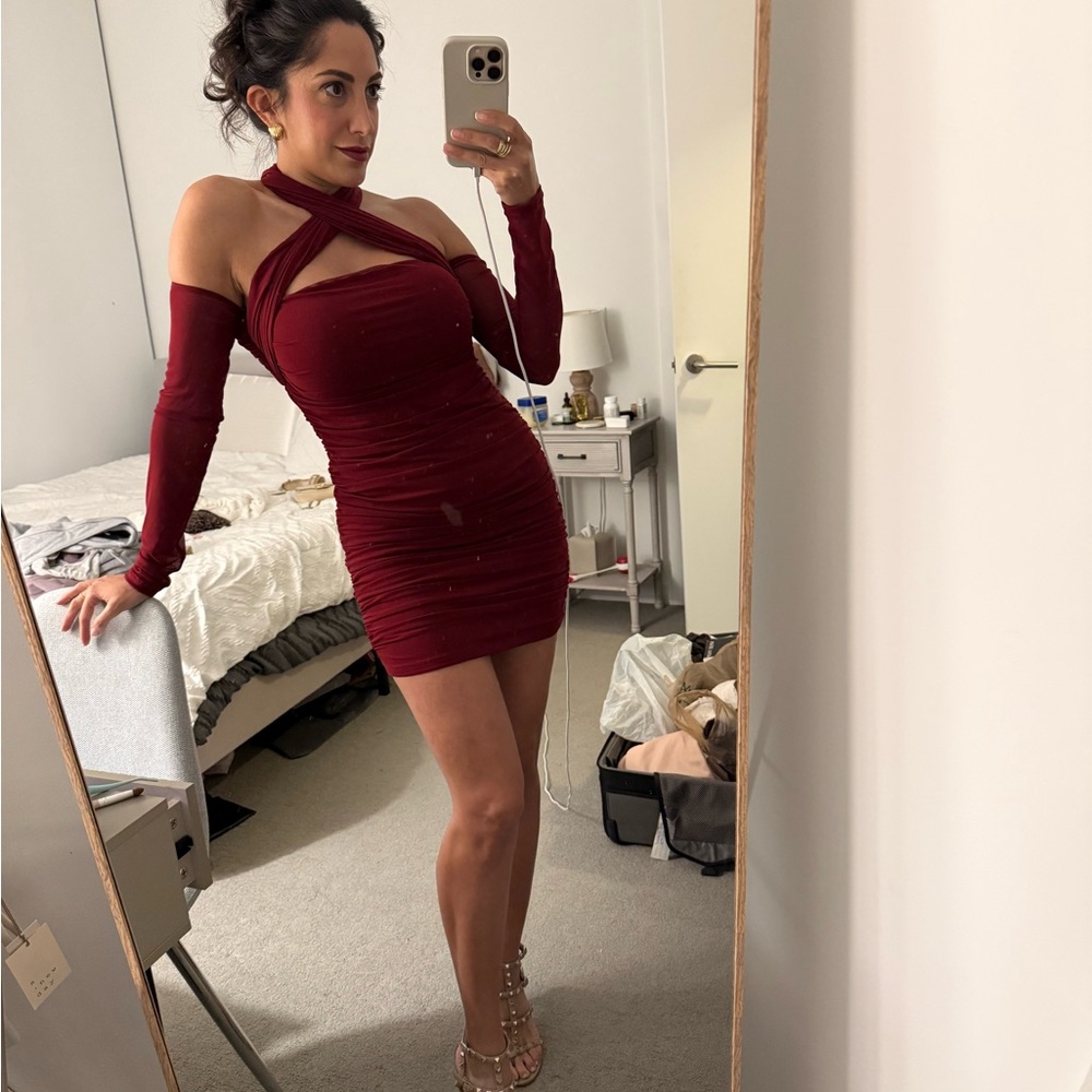 Crimson Cross-Neck Long Sleeve Mini Dress